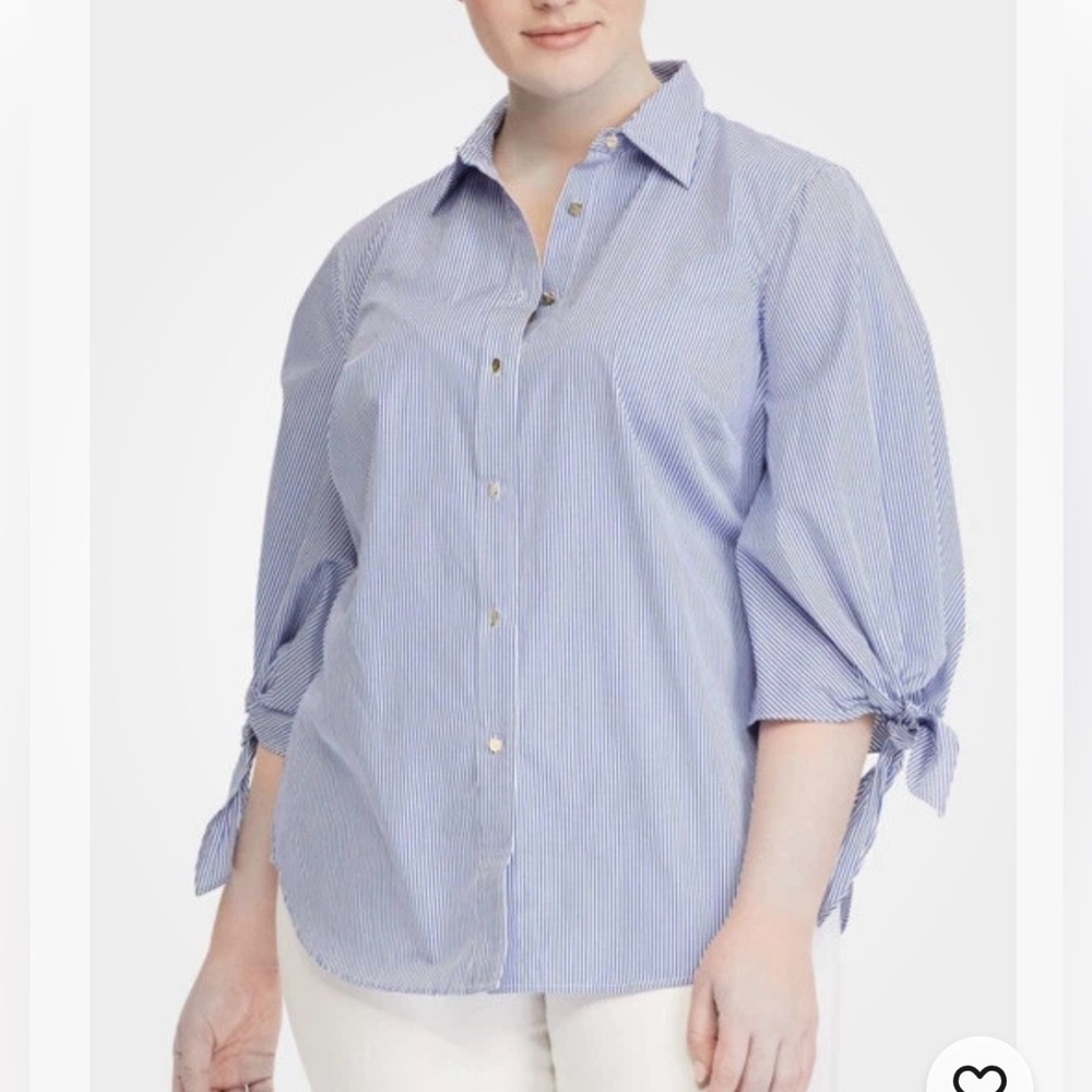 Lauren Ralph Lauren Shirt Blue Pinstripe Tie Sleeve Button Down Blouse Large